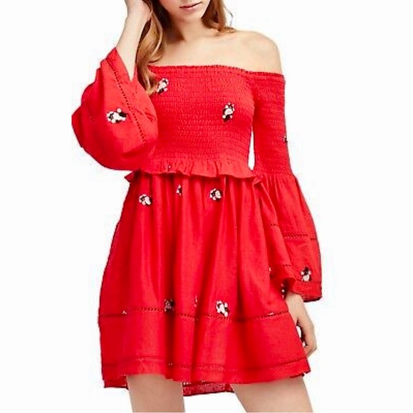 Free People Counting Daisies Red off The Shoulder Embroidered Mini Dress S - Picture 3 of 4